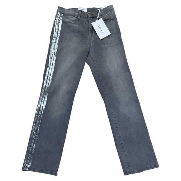 Frame Denim Le High Straight Metallic Silver Foil Tux Jeans Grey Size 25 NEW - Picture 9 of 13